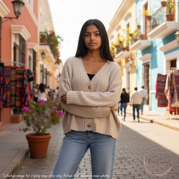 Elle Ribbed Button Front Cardigan Sweater Women’s M Beige Oatmeal Drop Shoulder - Picture 3 of 7